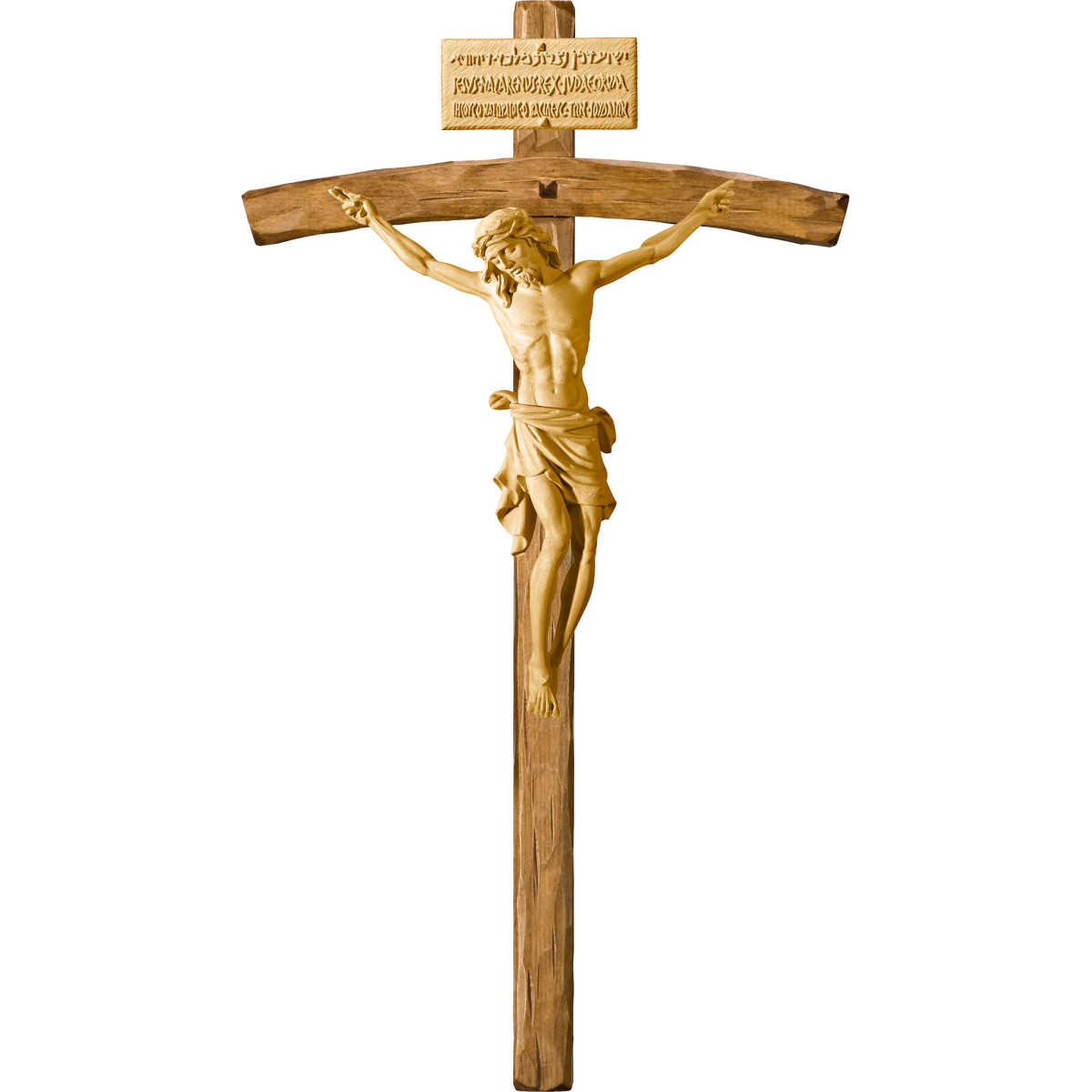 Cristo Pisa en cruz arqueada con Titulus Crucis en hebreo - latín - griego