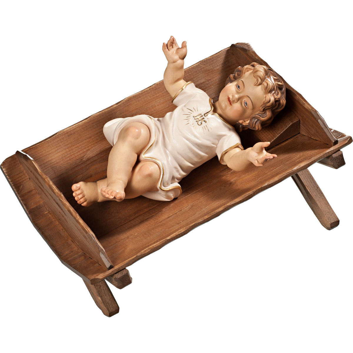 Jesus Child clothed IHS in simple cradle