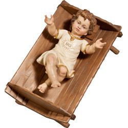 Jesus Child clothed IHS in simple cradle