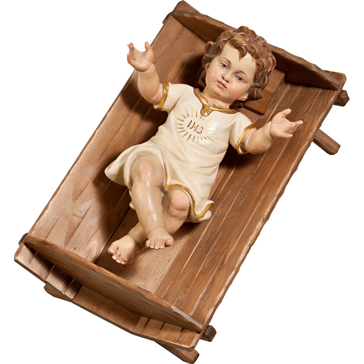 Jesus Child clothed IHS in simple cradle