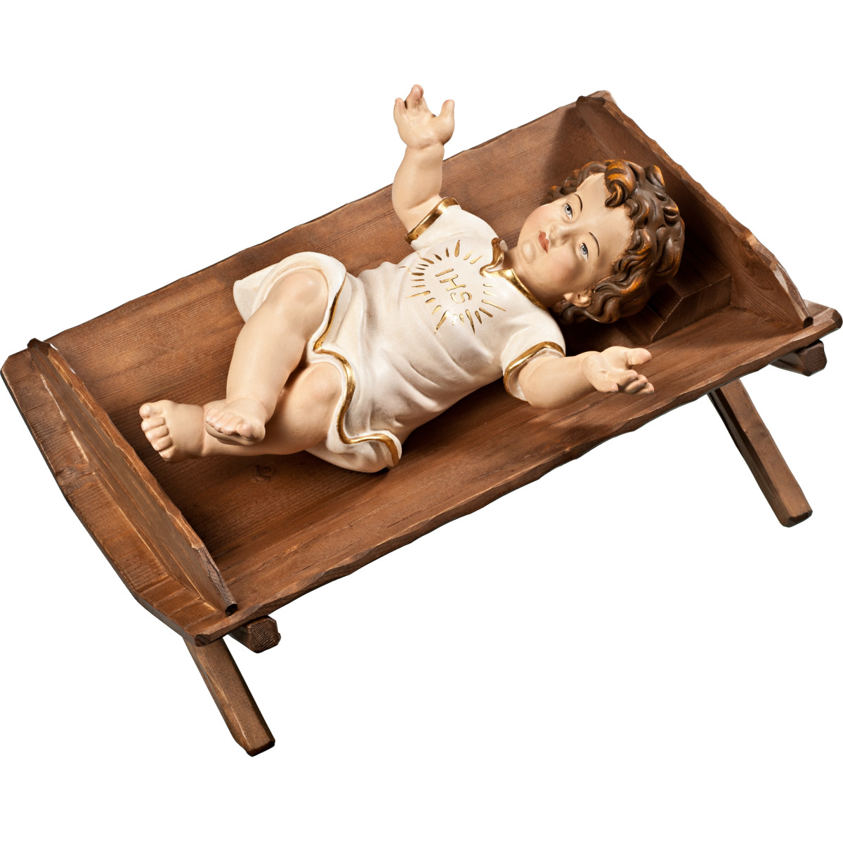 Jesus Child clothed IHS in simple cradle