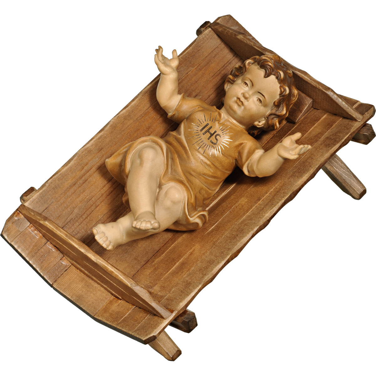 Jesus Child clothed IHS in simple cradle