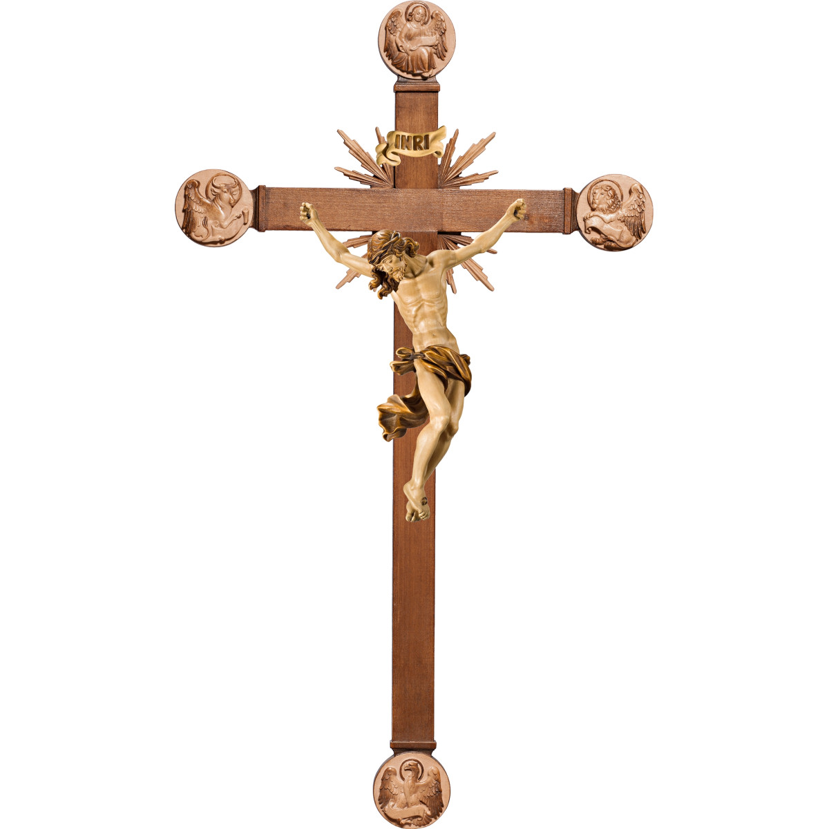 Cristo Barroco en cruz con Evangelistas y rayos