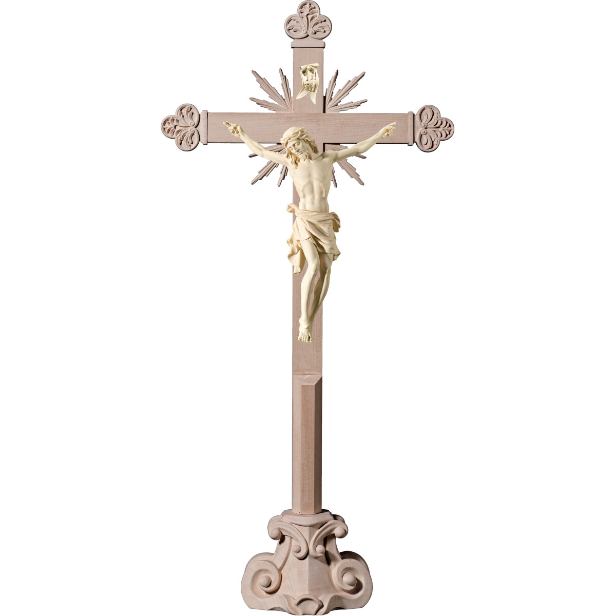 Cristo Pisa em cruz barroca com raios em pedestal