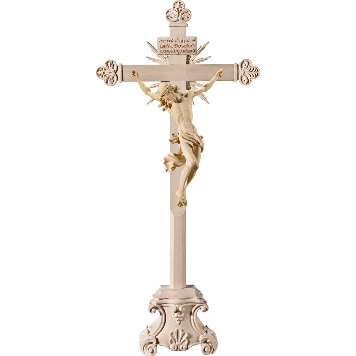 Cristo Barroco en cruz barroca con rayos en peana y Titulus Crucis en hebreo - latín - griego