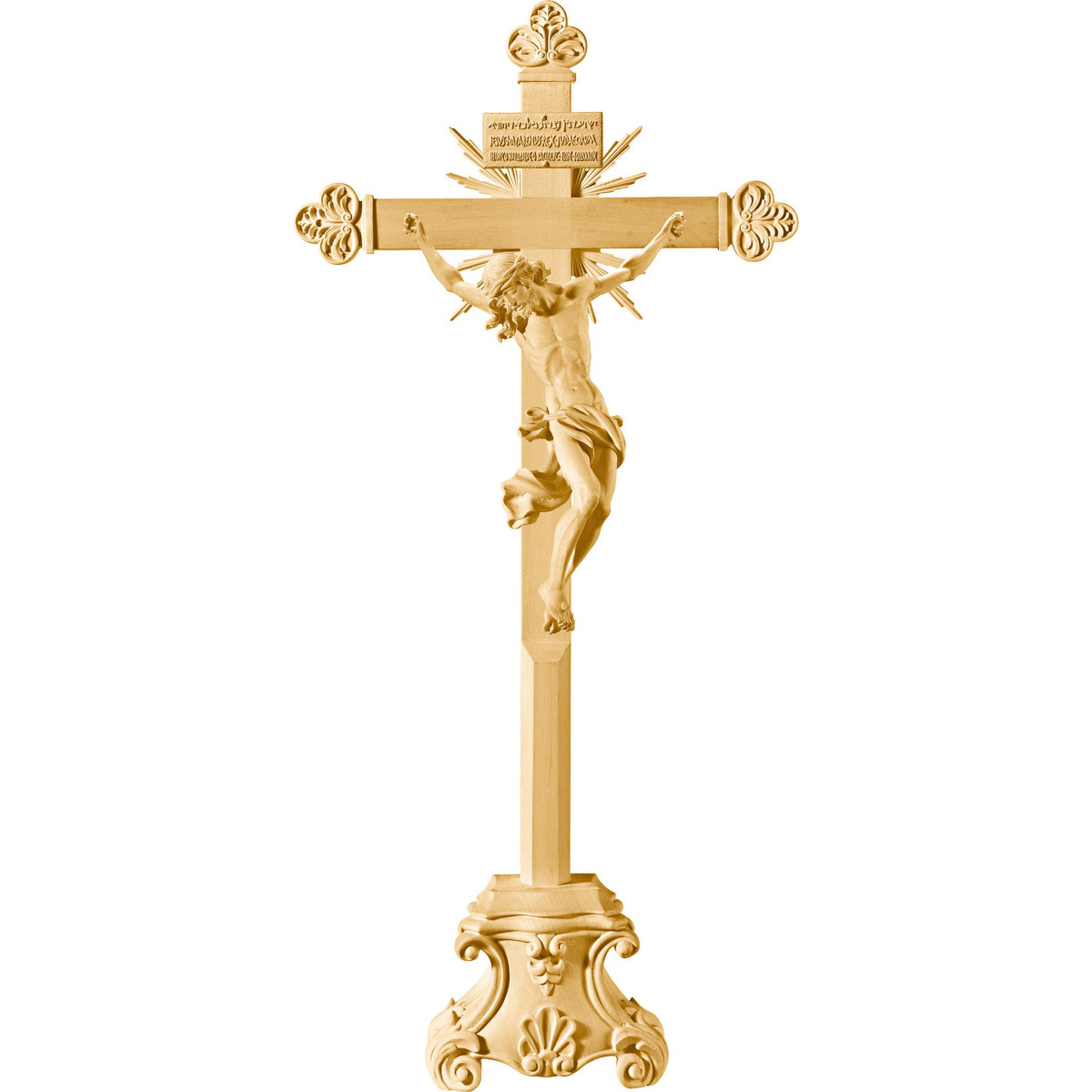 Cristo Barroco en cruz barroca con rayos en peana y Titulus Crucis en hebreo - latín - griego