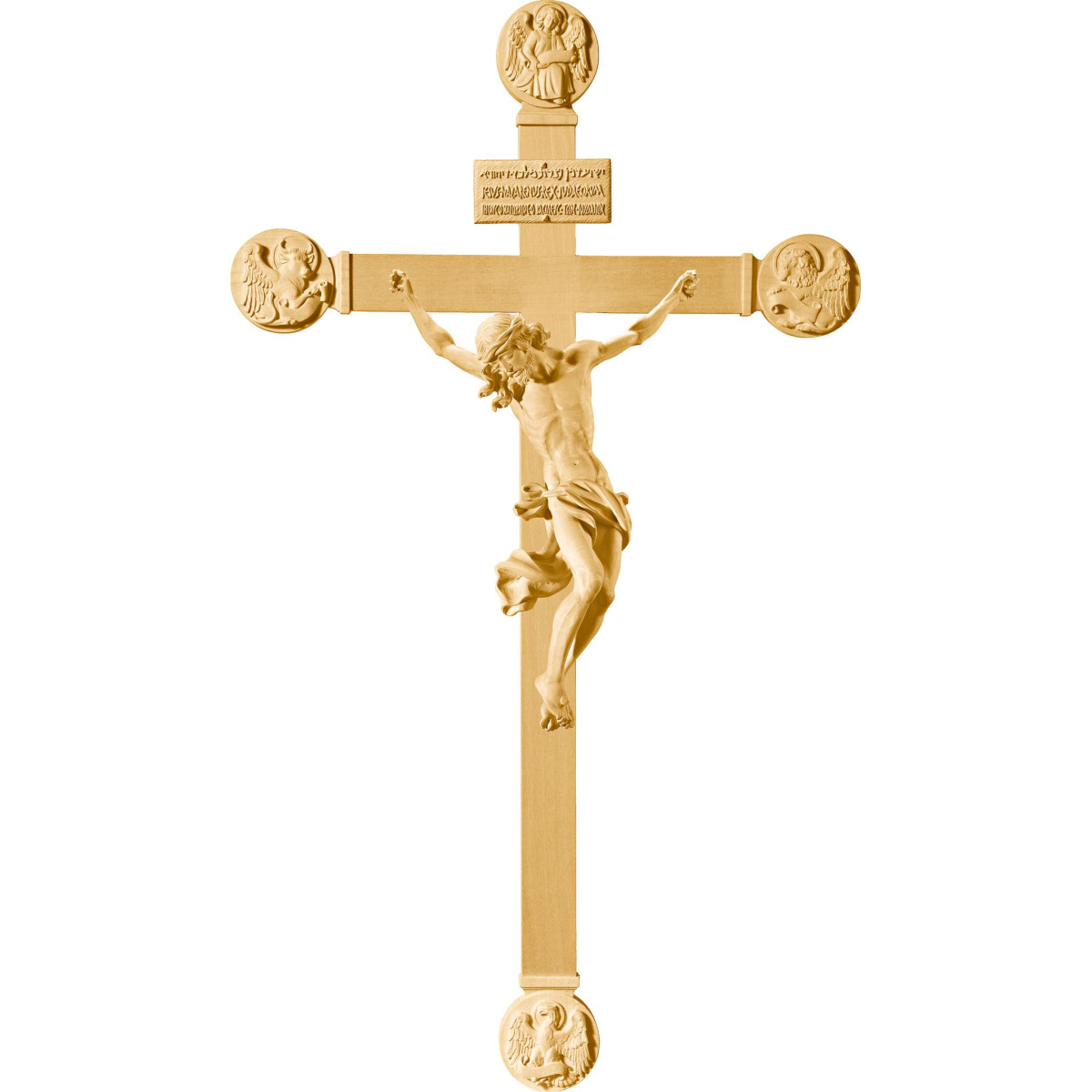 Cristo Barroco em cruz com Evangelistas e Titulus Crucis em hebraico - latino - grego