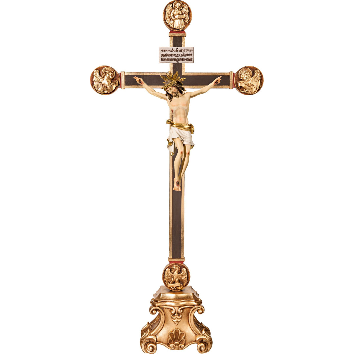 Cristo Pisa em pedestal com Evangelistas e Titulus Crucis em hebraico - latino - grego
