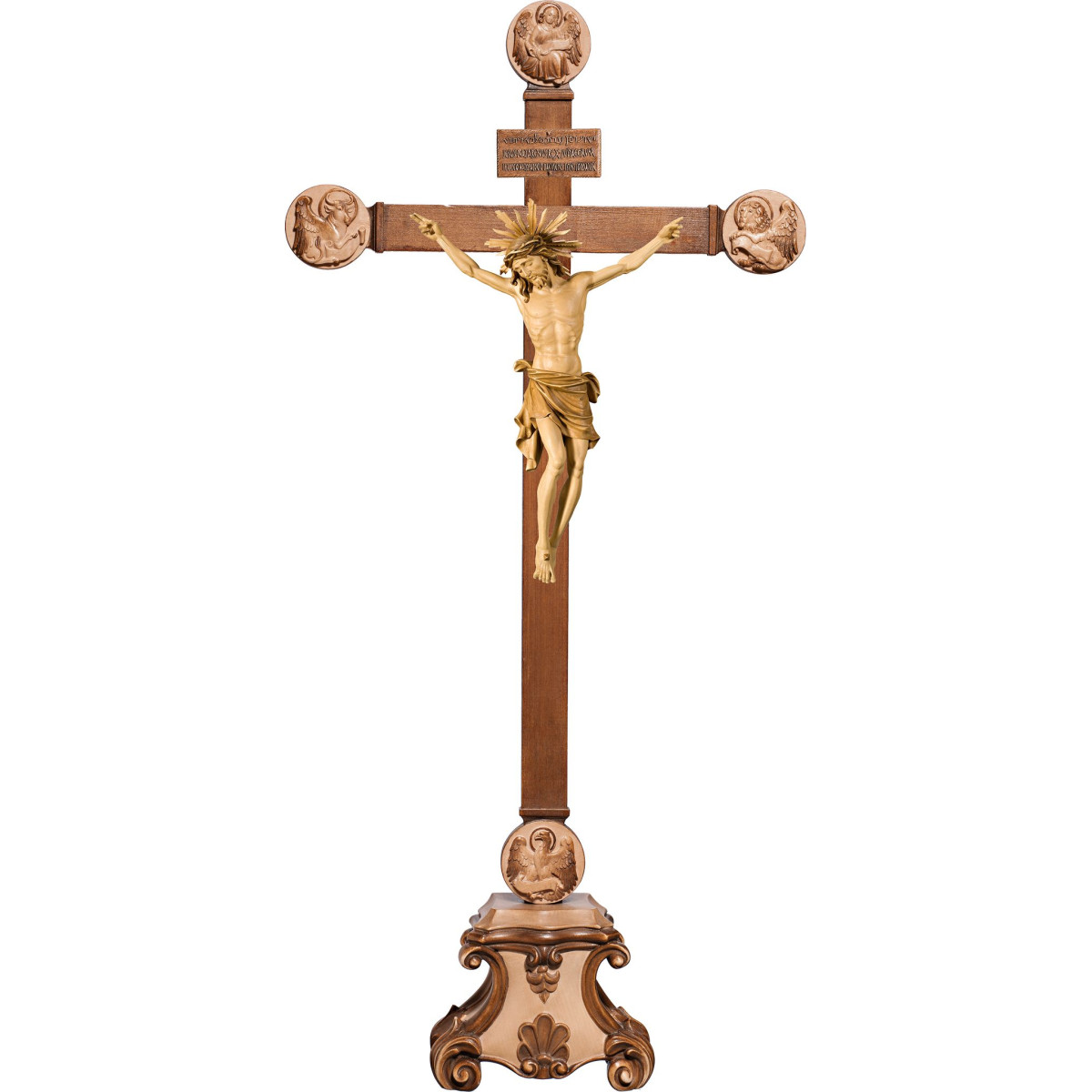 Corpus Pisa on pedestal with Evangelists and Titulus Crucis in hebrew - latin - greek