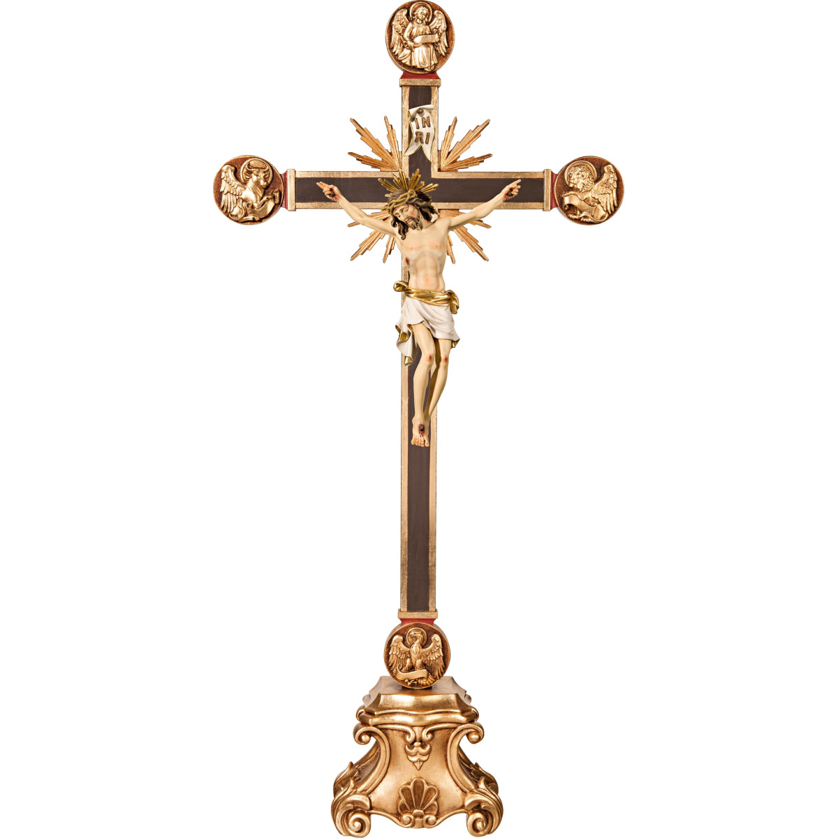 Corpus Pisa on cross with Evangelists and rays on pedestal