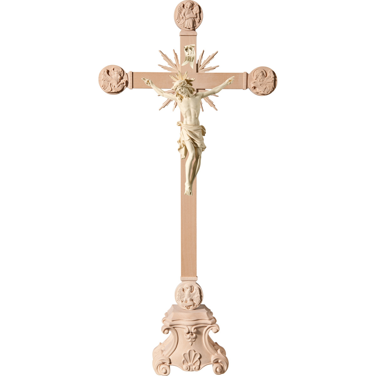 Corpus Pisa on cross with Evangelists and rays on pedestal