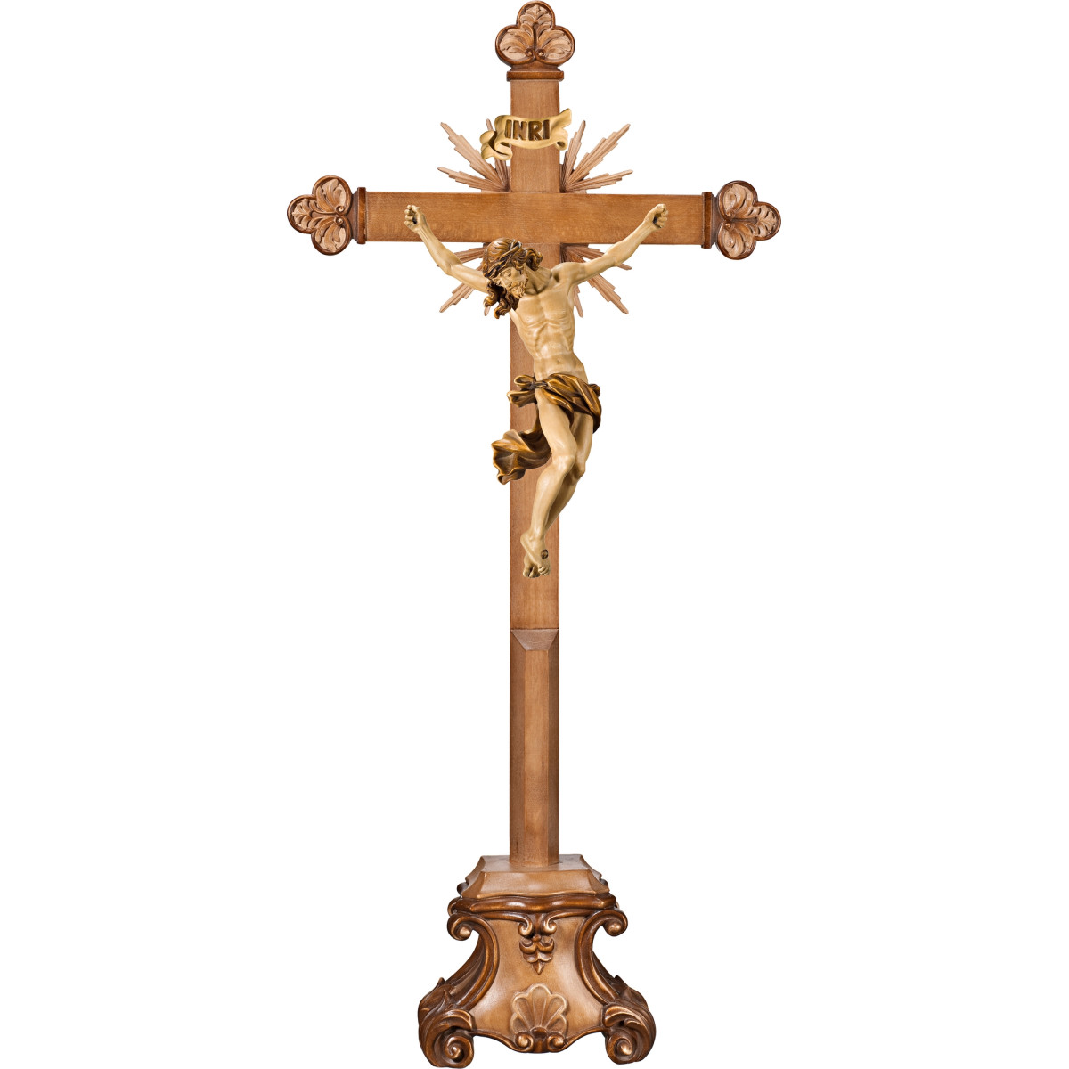 Cristo Barroco em cruz barroca com raios em pedestal