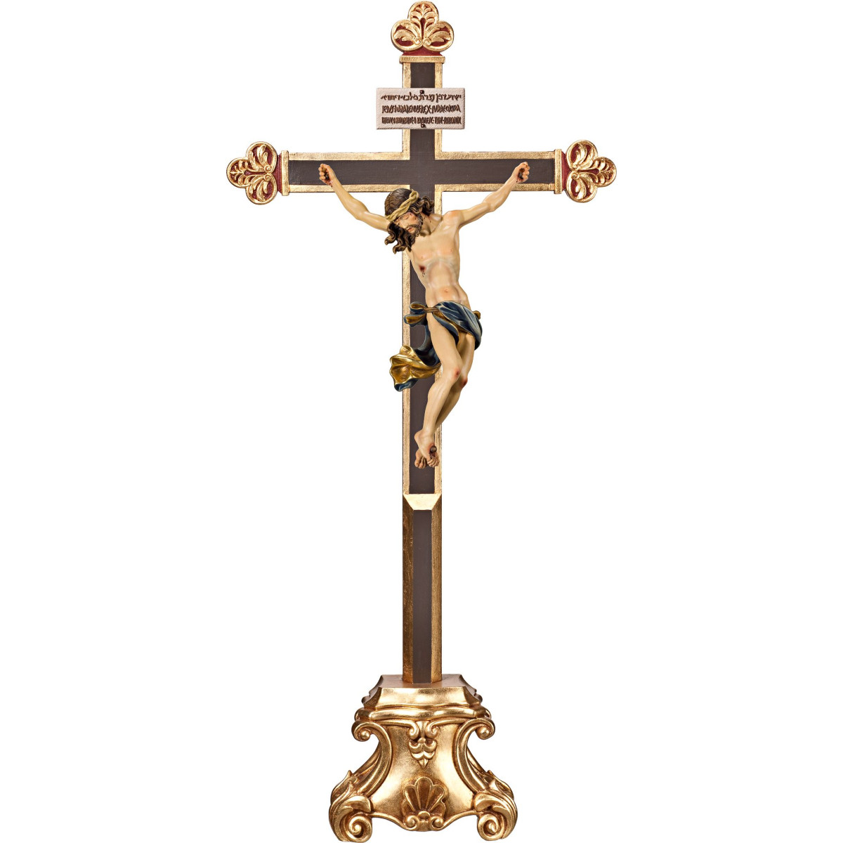 Cristo Barroco en cruz barroca en peana con Titulus Crucis en hebreo - latín - griego