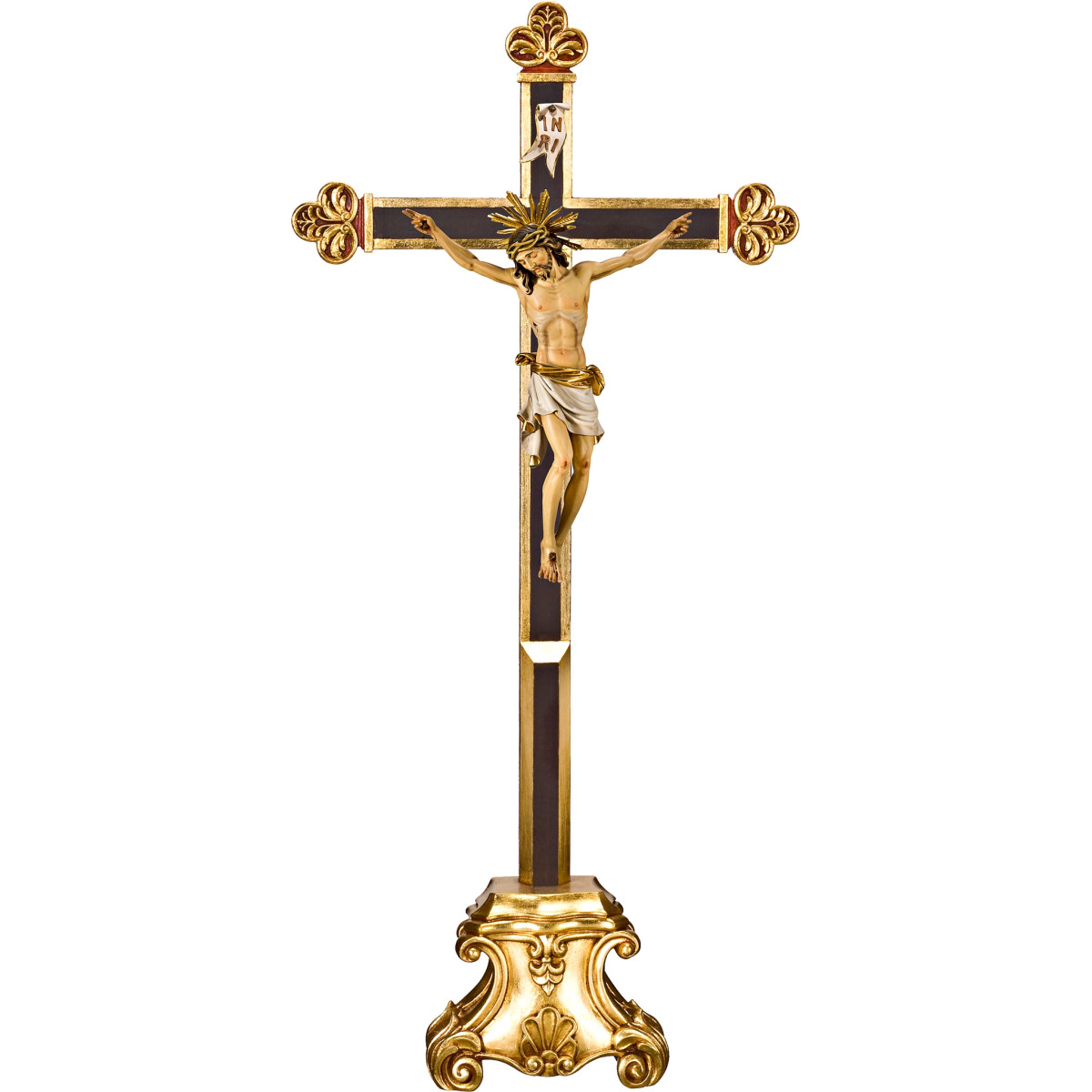 Cristo Pisa em cruz barroca em pedestal