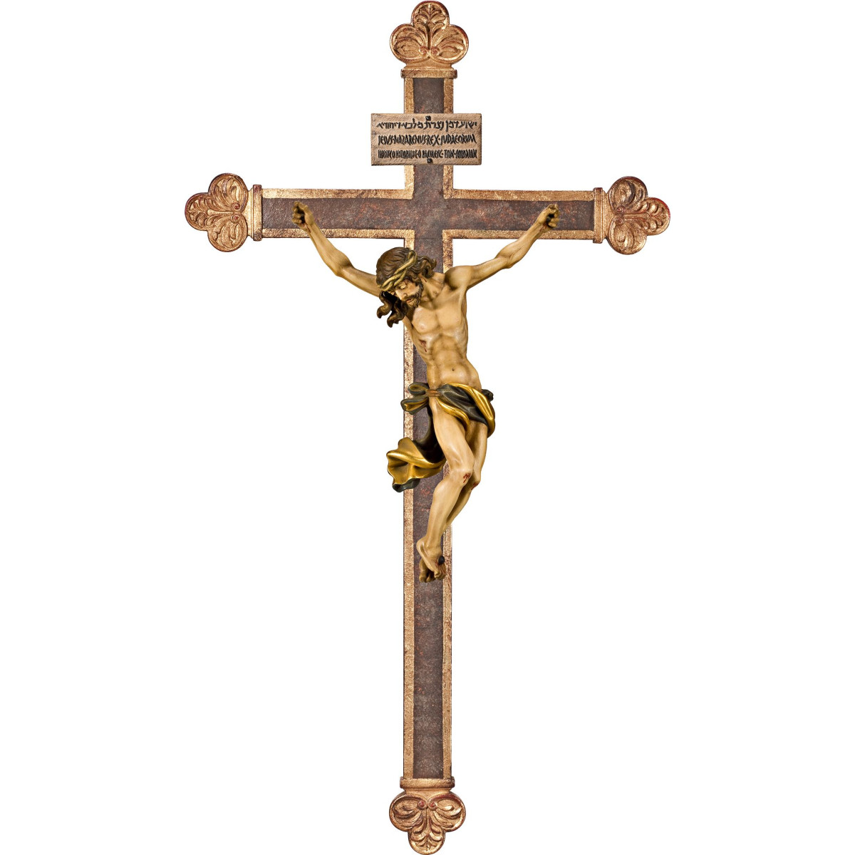 Cristo Barroco em cruz barroca com Titulus Crucis em hebraico - latino - grego