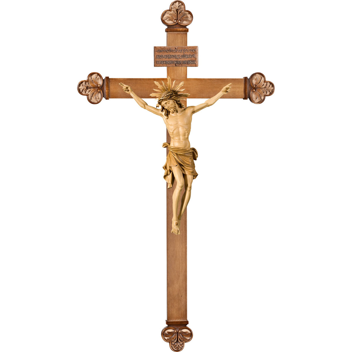 Cristo Pisa su croce barocca con Titulus Crucis in ebraico - latino - greco