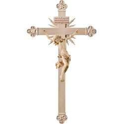 Cristo Barroco en cruz barroca con rayos y Titulus Crucis en hebreo - latín - griego