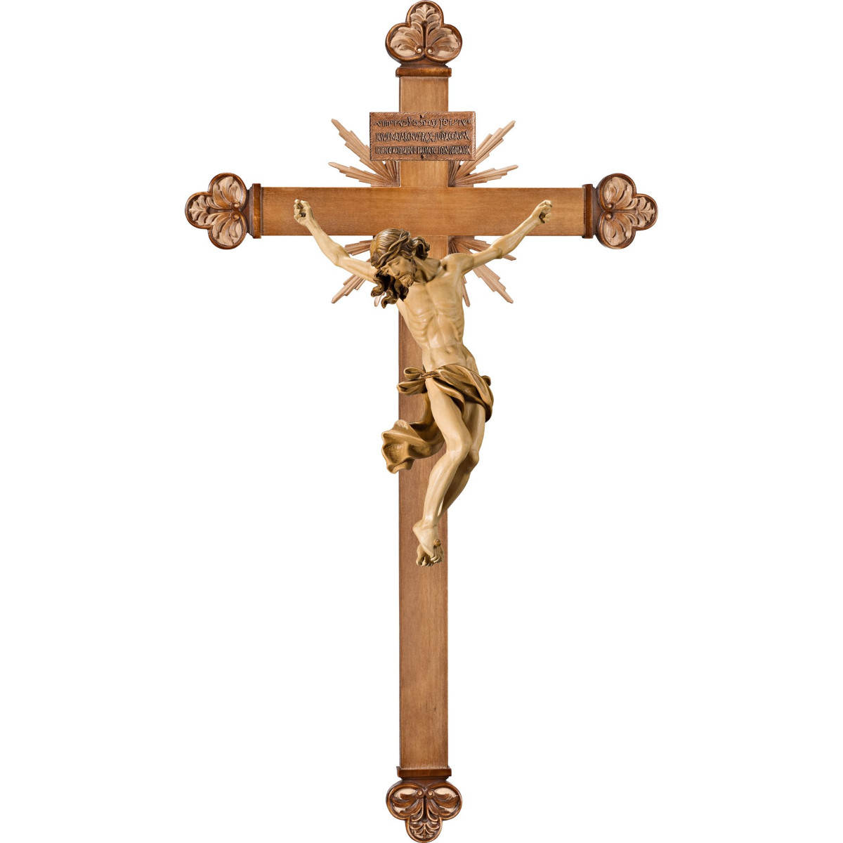 Corpus Baroque on baroque cross with rays and Titulus Crucis in hebrew - latin - greek