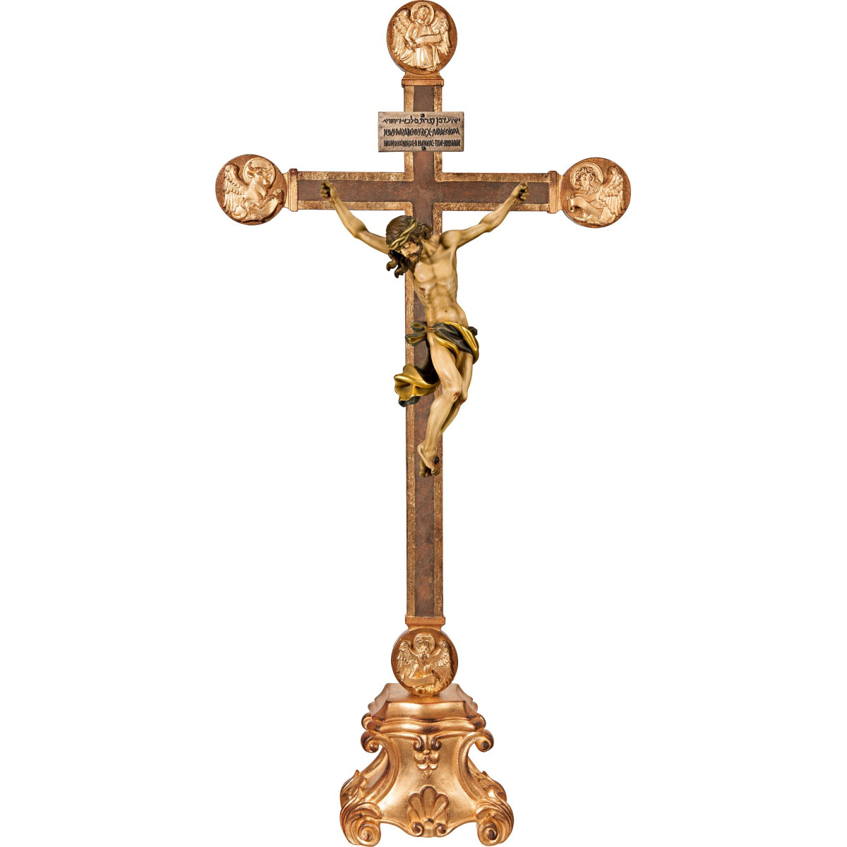 Cristo Barroco en pedestal con Evangelistas y Titulus Crucis en hebreo - latín - griego