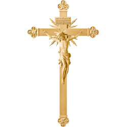 Cristo Pisa su croce barocca con raggi e Titulus Crucis in ebraico - latino - greco