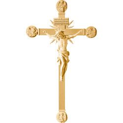 Cristo Pisa en cruz con Evangelistas y rayos con Titulus Crucis en hebreo - latín - griego