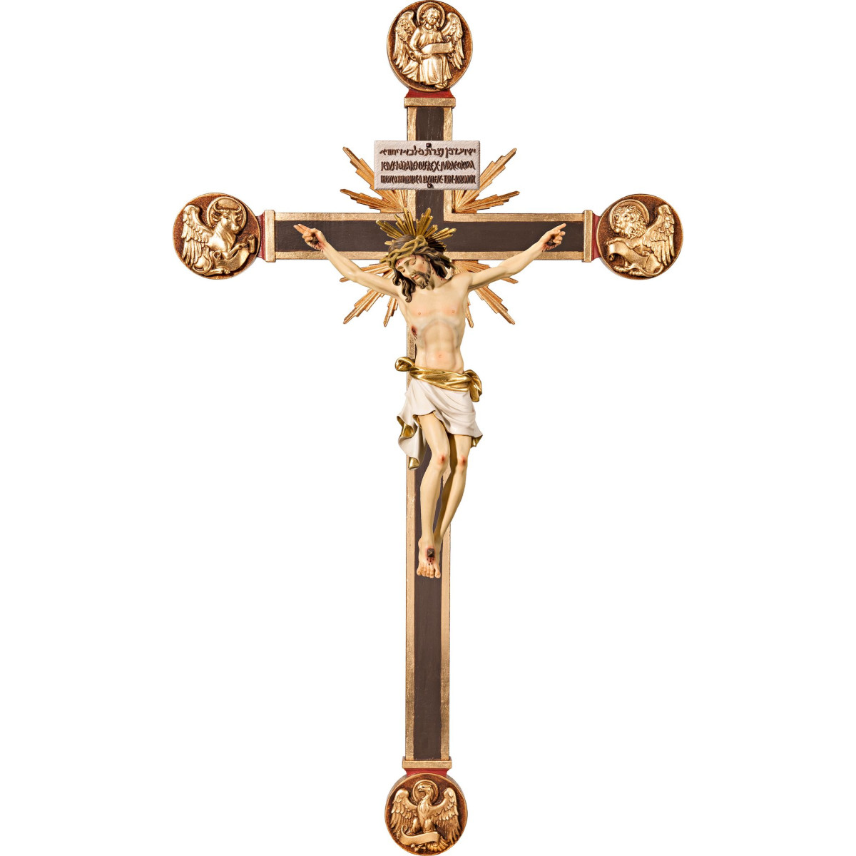 Cristo Pisa em cruz com Evangelistas e rayos com Titulus Crucis em hebraico - latino - grego