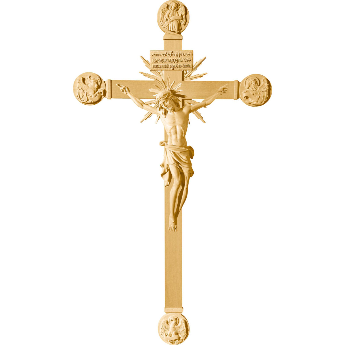 Cristo Pisa en cruz con Evangelistas y rayos con Titulus Crucis en hebreo - latín - griego