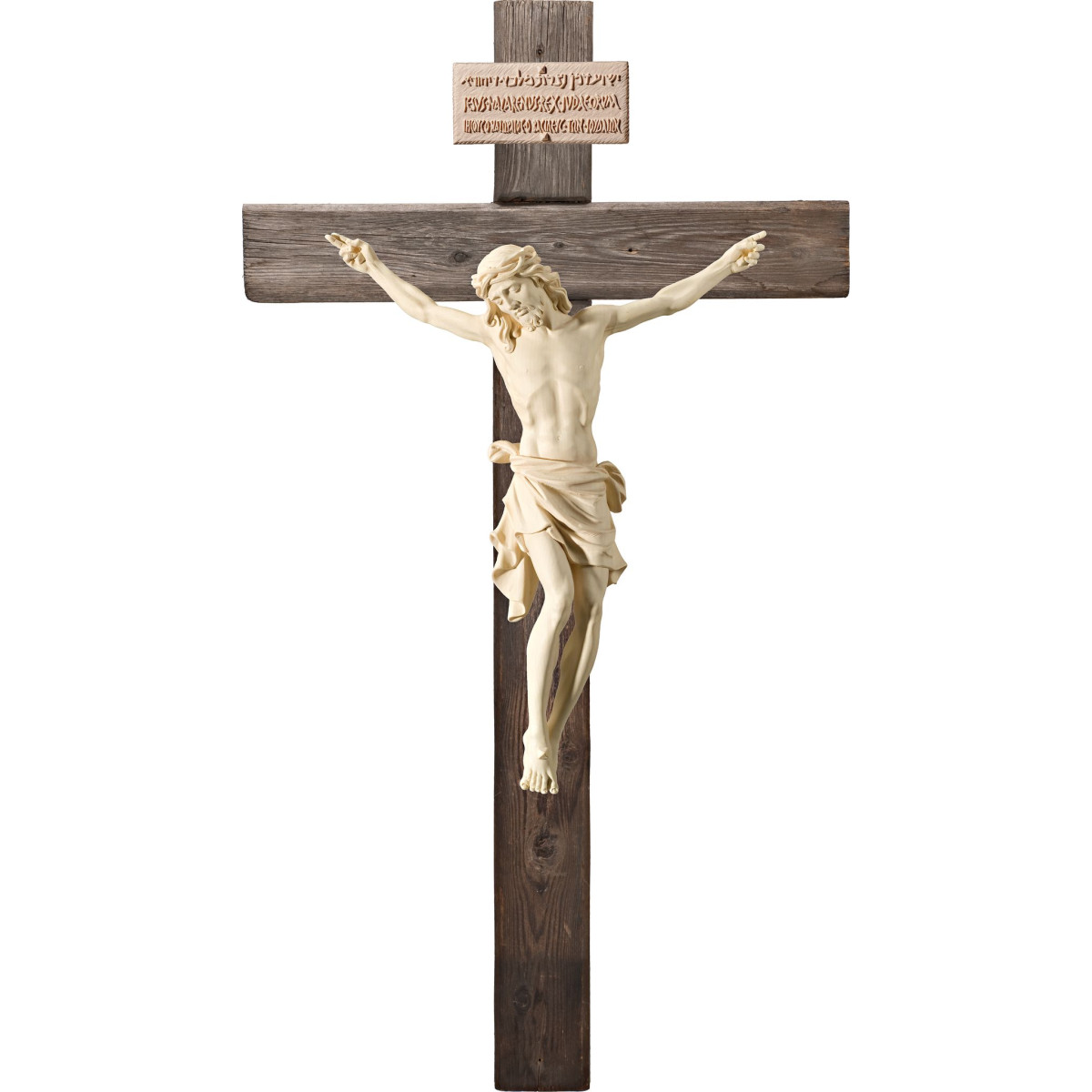 Corpus Pisa on cross Old wood with Titulus Crucis in hebrew - latin - greek
