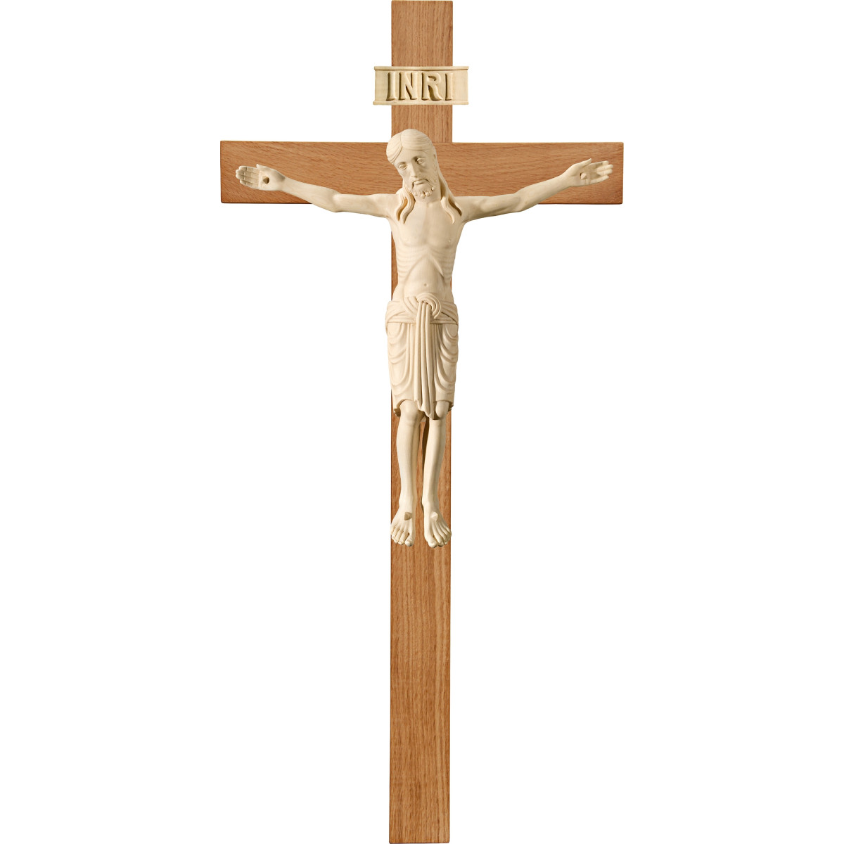 Cristo Romanico su croce in rovere semplice larga