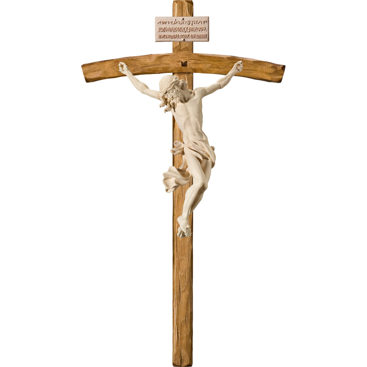 Corpus Barock auf gebogenem Balken mit Titulus Crucis in hebräisch - latein - griechisch