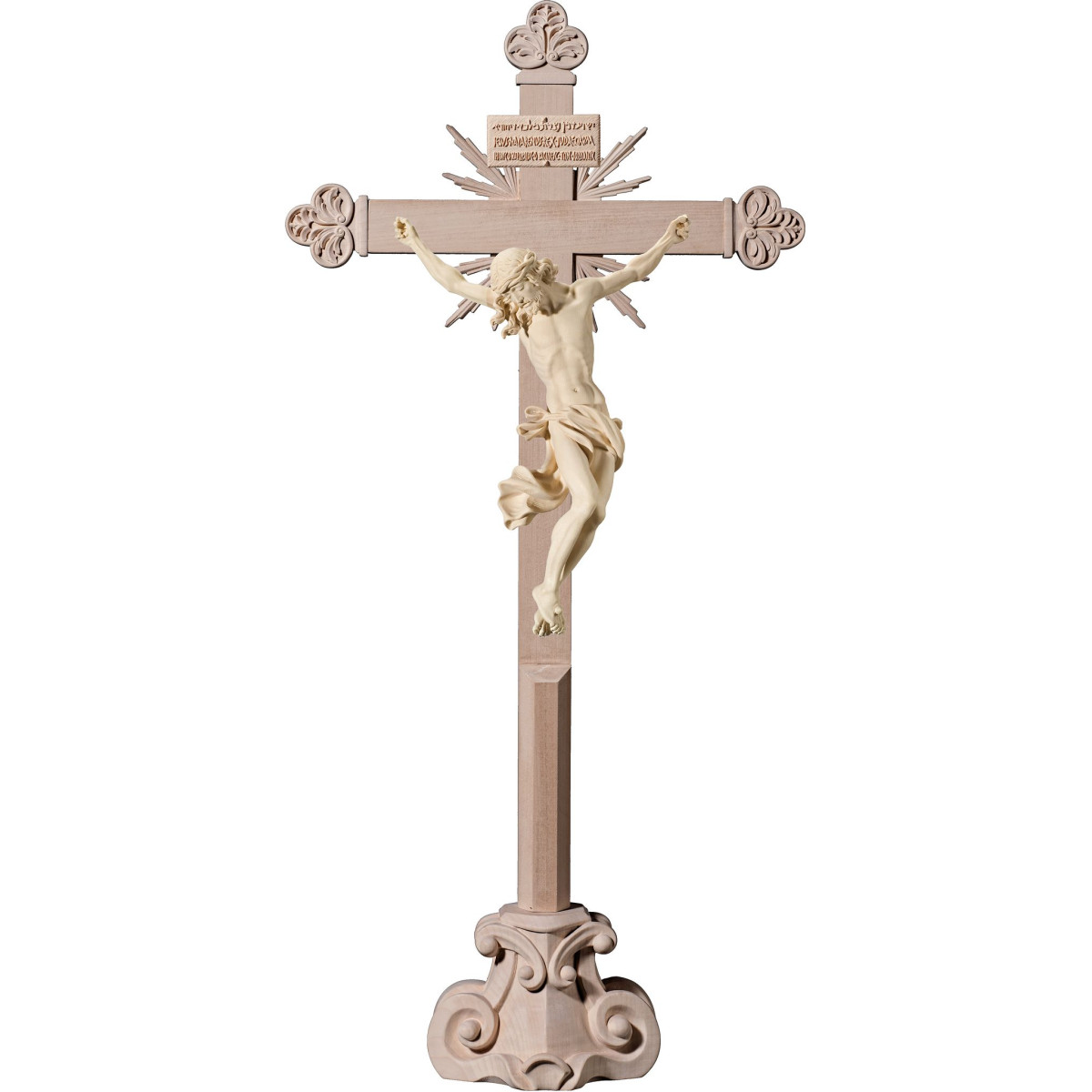Cristo Barroco en cruz barroca con rayos en peana y Titulus Crucis en hebreo - latín - griego