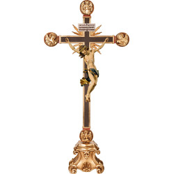 Cristo Barroco em cruz com Evangelistas e raios em pedestal com Titulus Crucis em hebraico - latino - grego