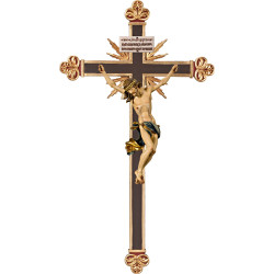 Cristo Barocco su croce barocca con raggi e Titulus Crucis in ebraico - latino - greco