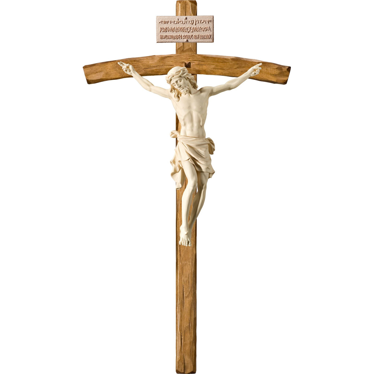 Corpus Pisa auf gebogenem Balken mit Titulus Crucis in hebräisch - latein - griechisch
