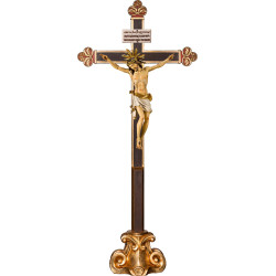 Cristo Pisa em cruz barroca em pedestal com Titulus Crucis em hebraico - latino - grego