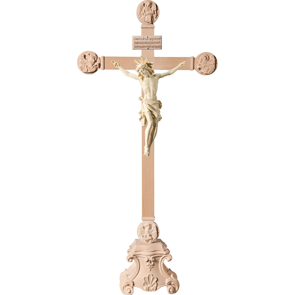 Corpus Pisa on pedestal with Evangelists and Titulus Crucis in hebrew - latin - greek
