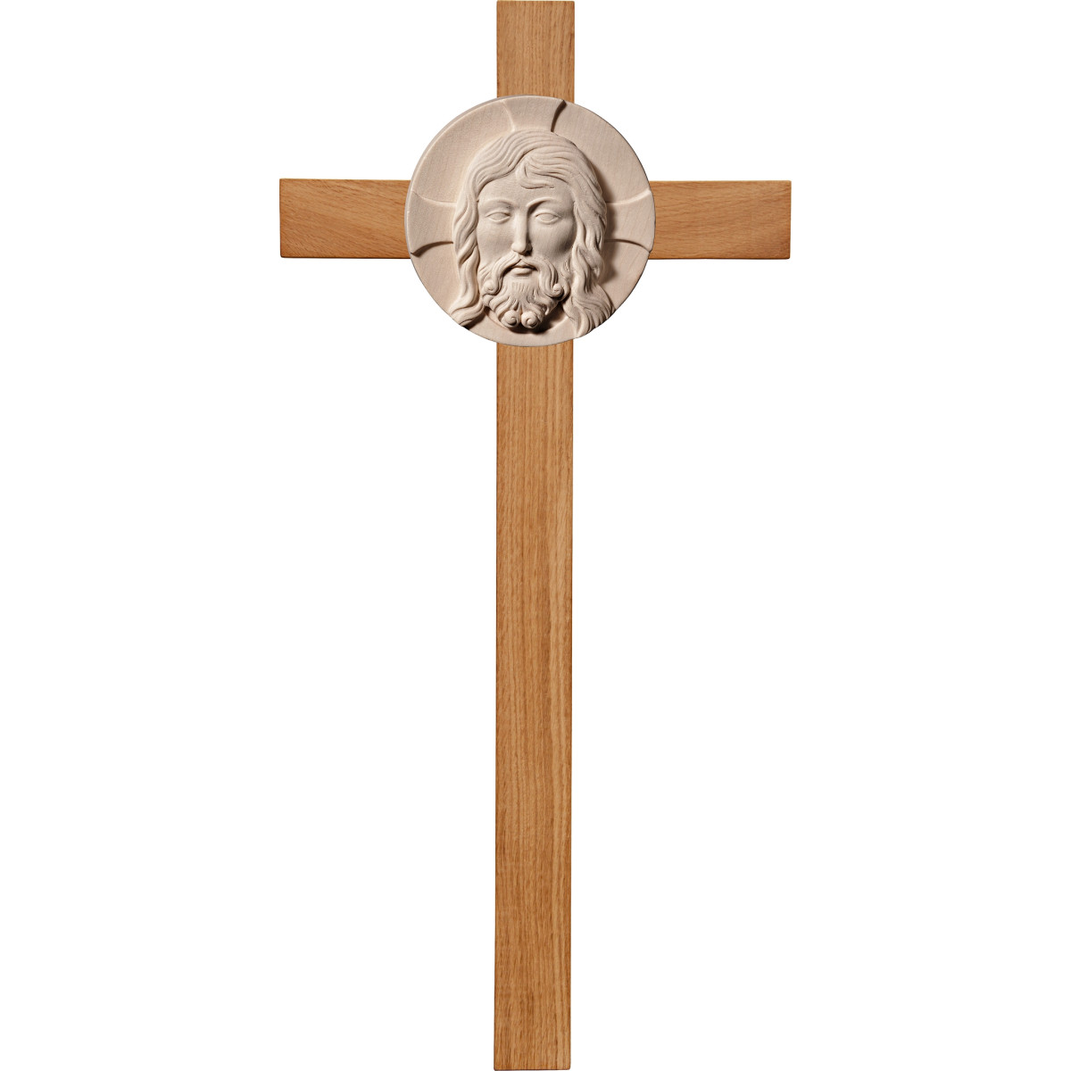 Testa di Cristo su croce in rovere