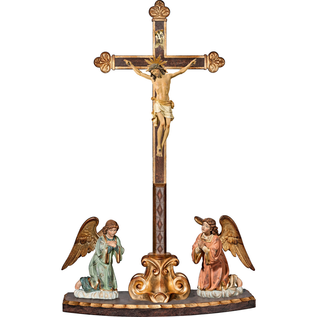 Corpus Pisa on cross baroque on pedestal with angelpair kneeling