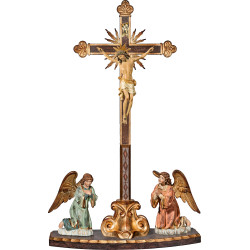 Corpus Pisa on cross baroque with rays on pedestal and angelpair kneeling