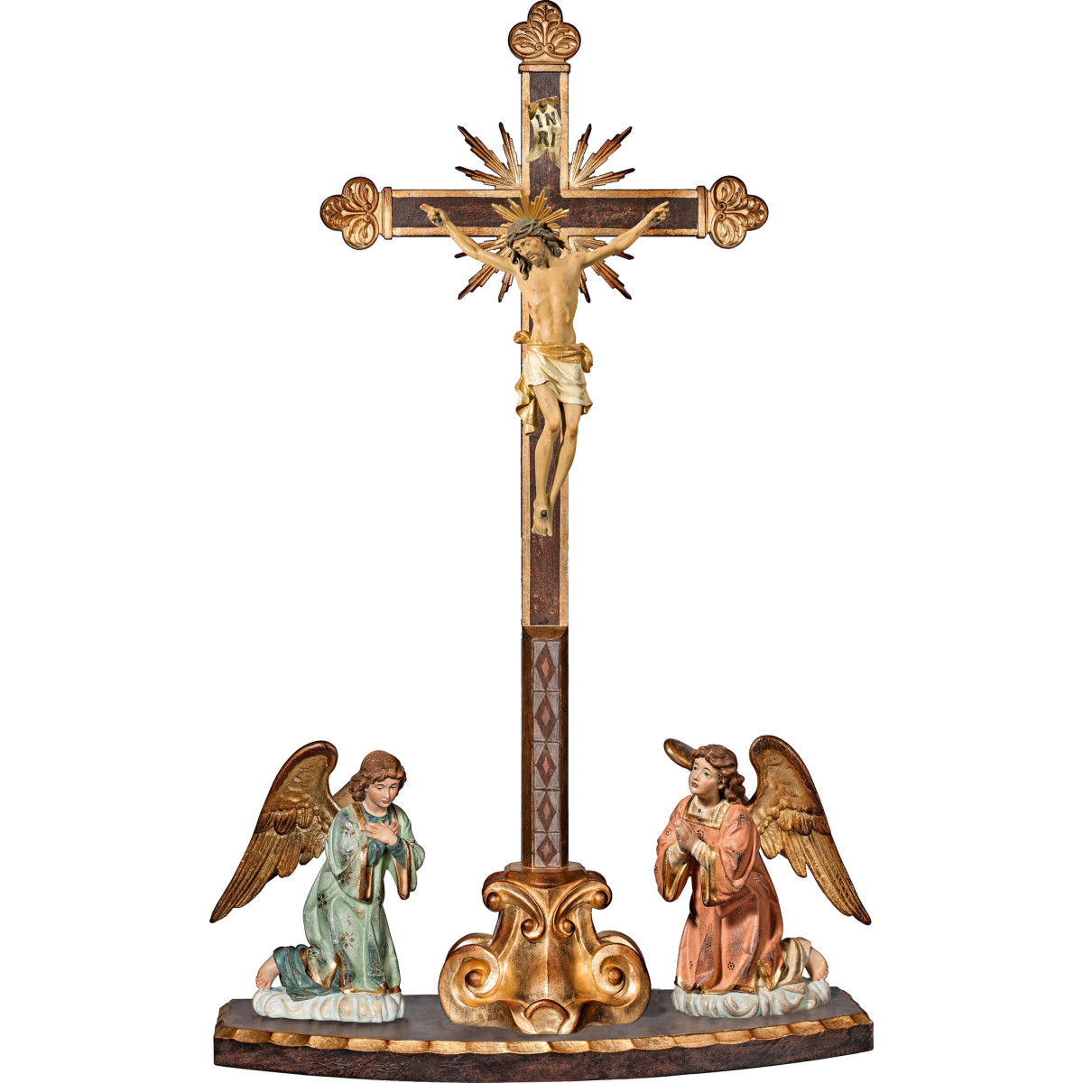 Corpus Pisa on cross baroque with rays on pedestal and angelpair kneeling