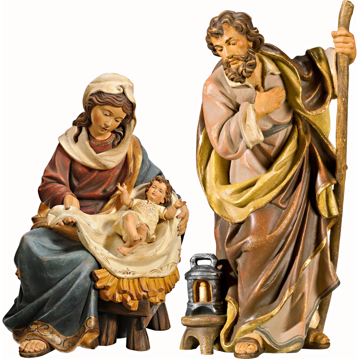 Holy Family Mary sitting with Jesus Child clothed IHS
