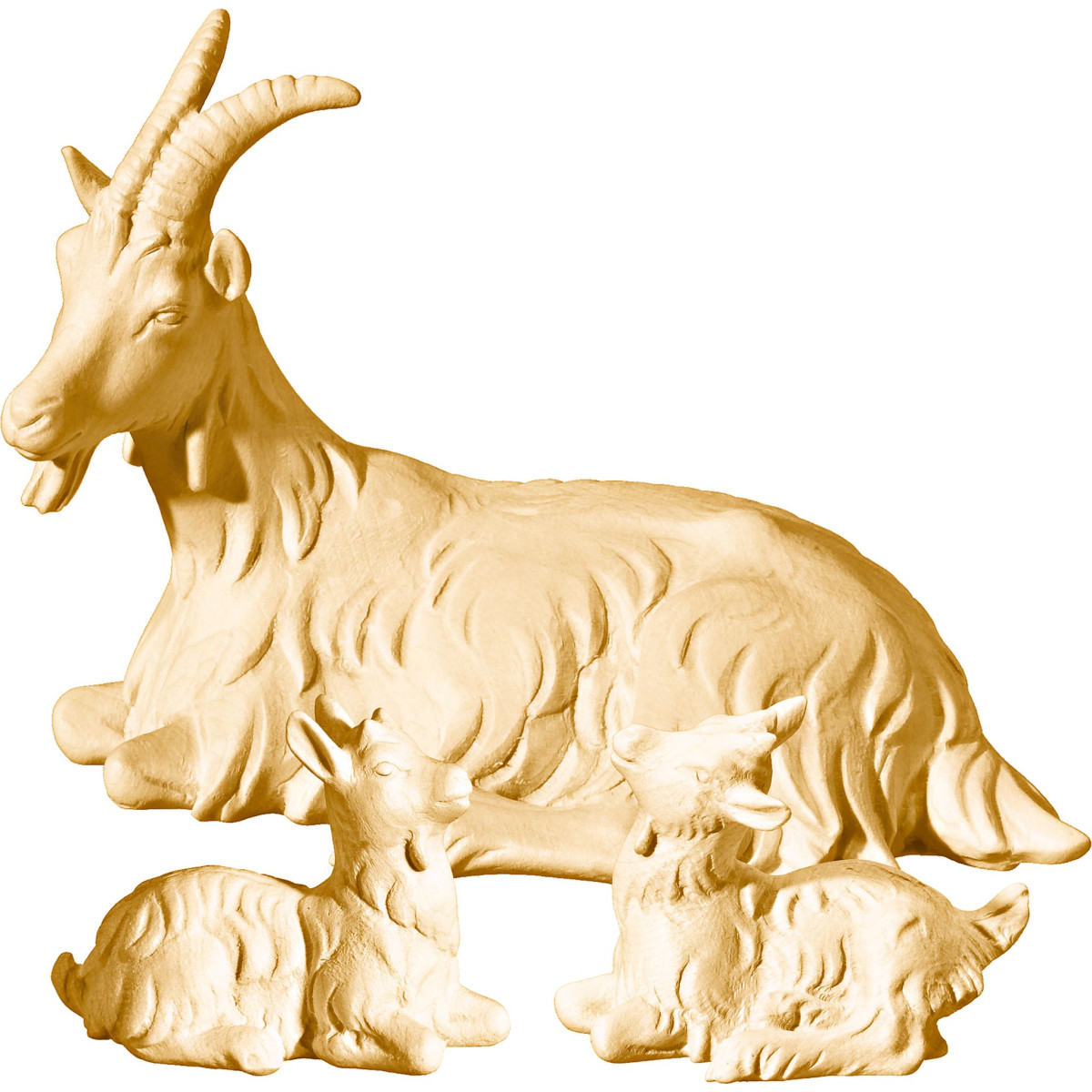 Capra a riposo con due capretti in legno | Bergland