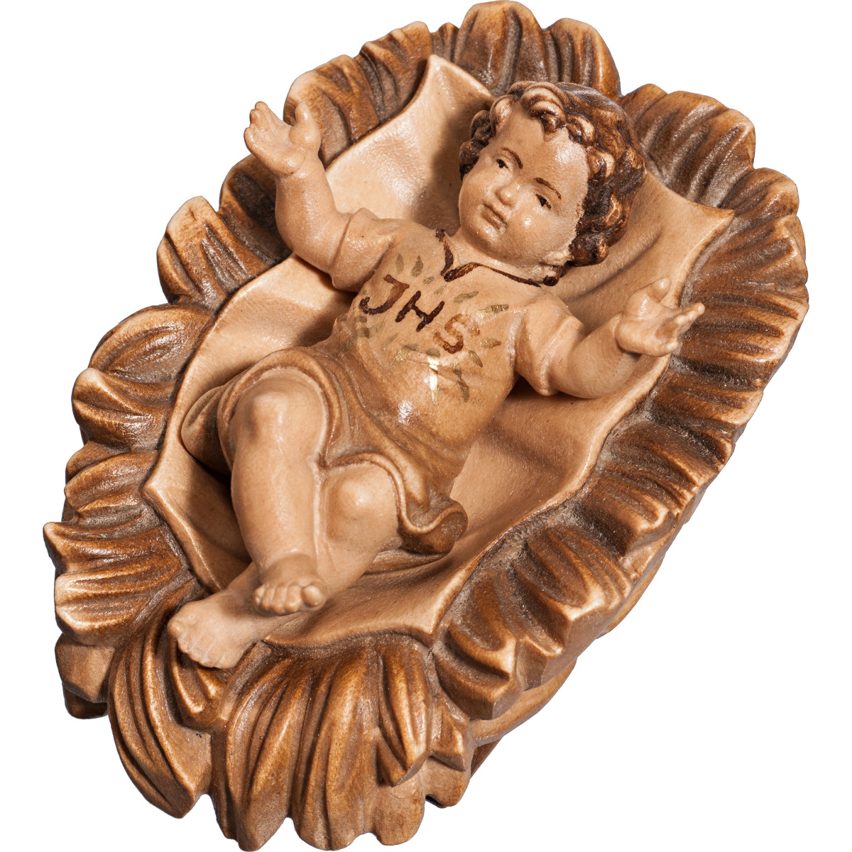 Jesus Child clothed IHS in carved cradle