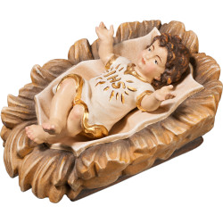 Jesus Child clothed IHS in carved cradle