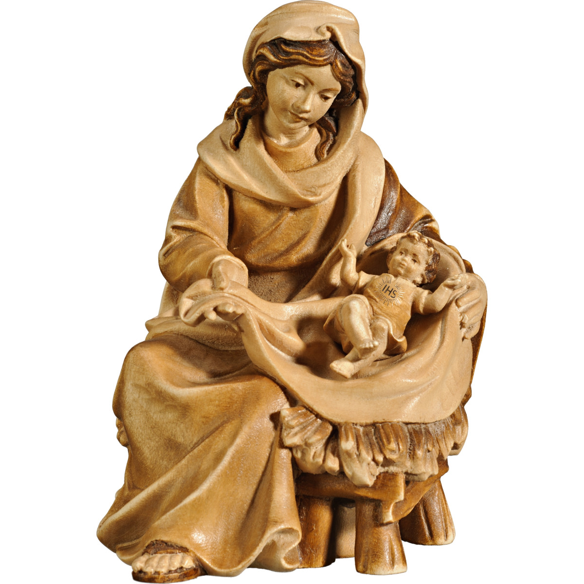 María sentada con Niño Jesús vestido IHS