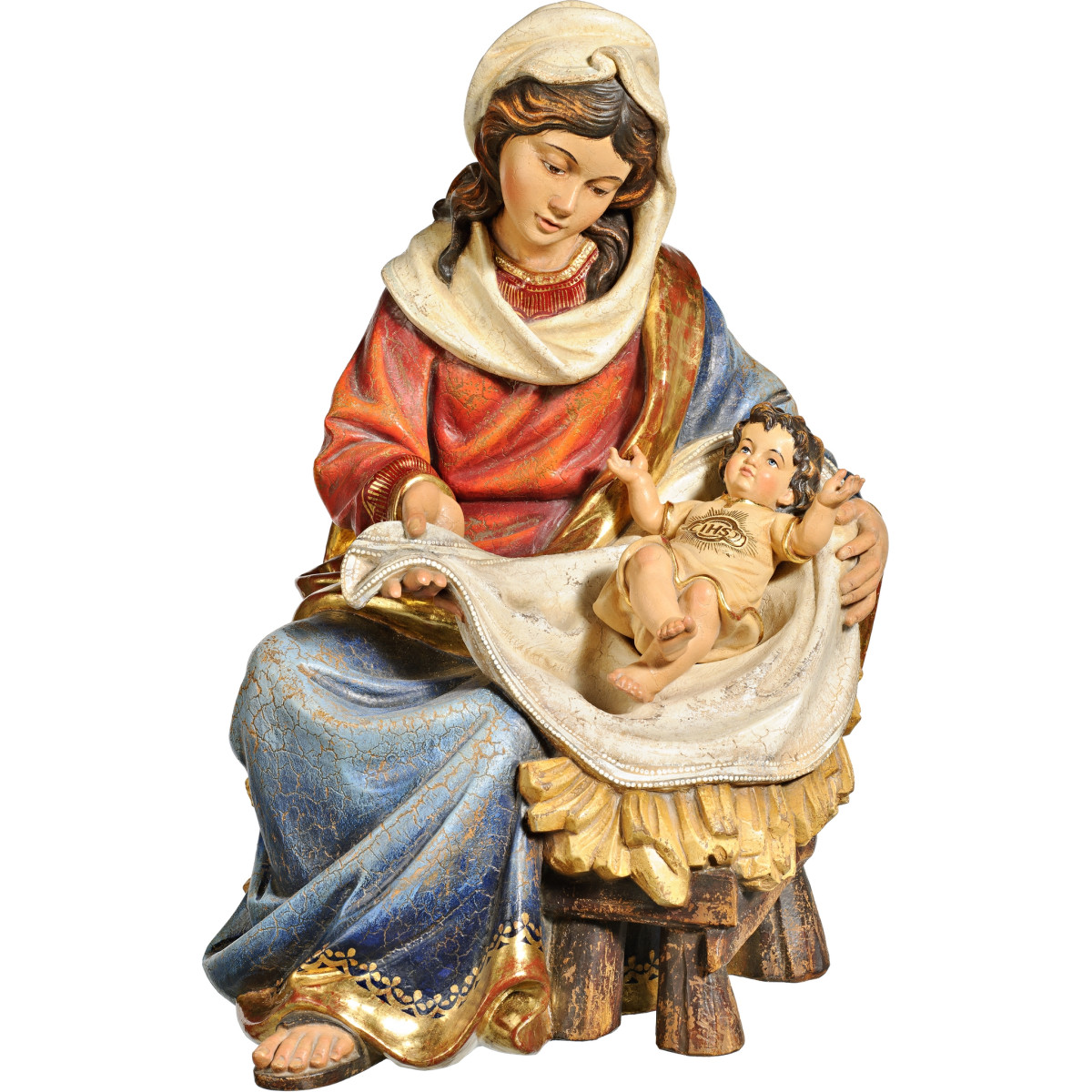 Mary sitting with Jesus Child clothed IHS