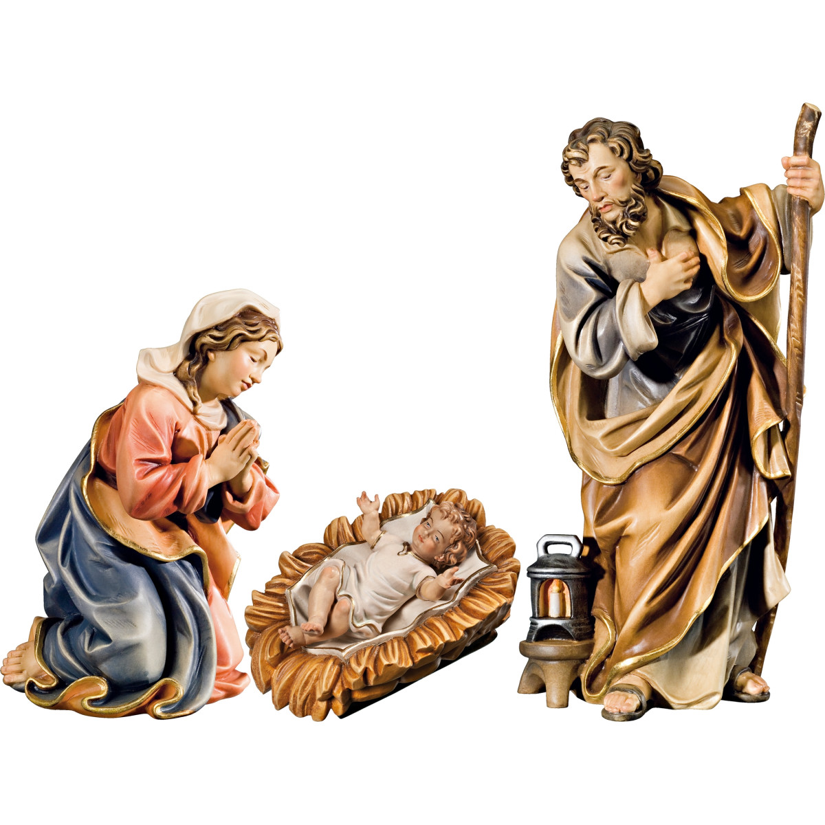 Nacimiento con Niño Jesús vestido en cuna tallada (sin base)