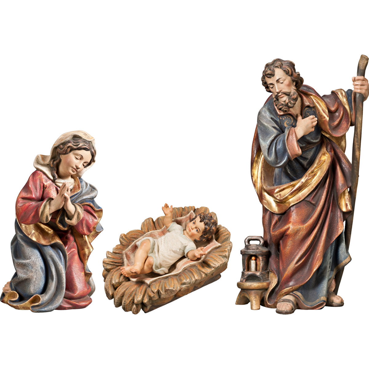 Nacimiento con Niño Jesús vestido en cuna tallada (sin base)