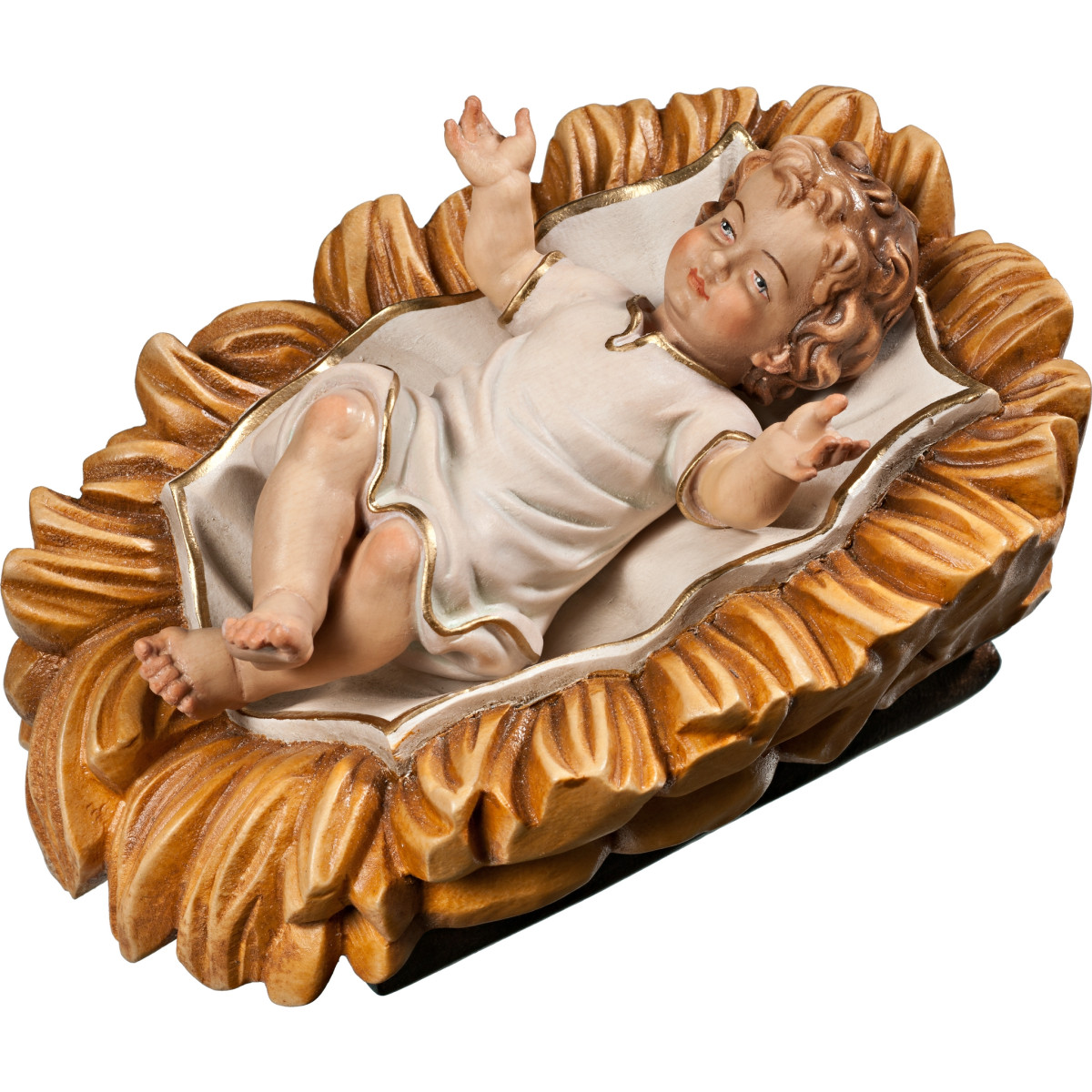 Menino Jesus vestido em cama talhada