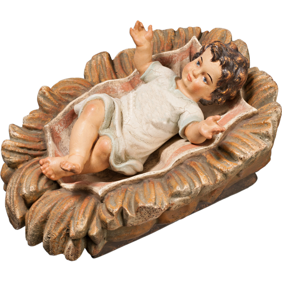 Menino Jesus vestido em cama talhada